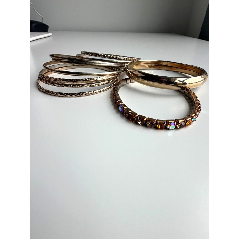 Gold Tone Bangle Bracelet Set Stack Rhinestone St… - image 5